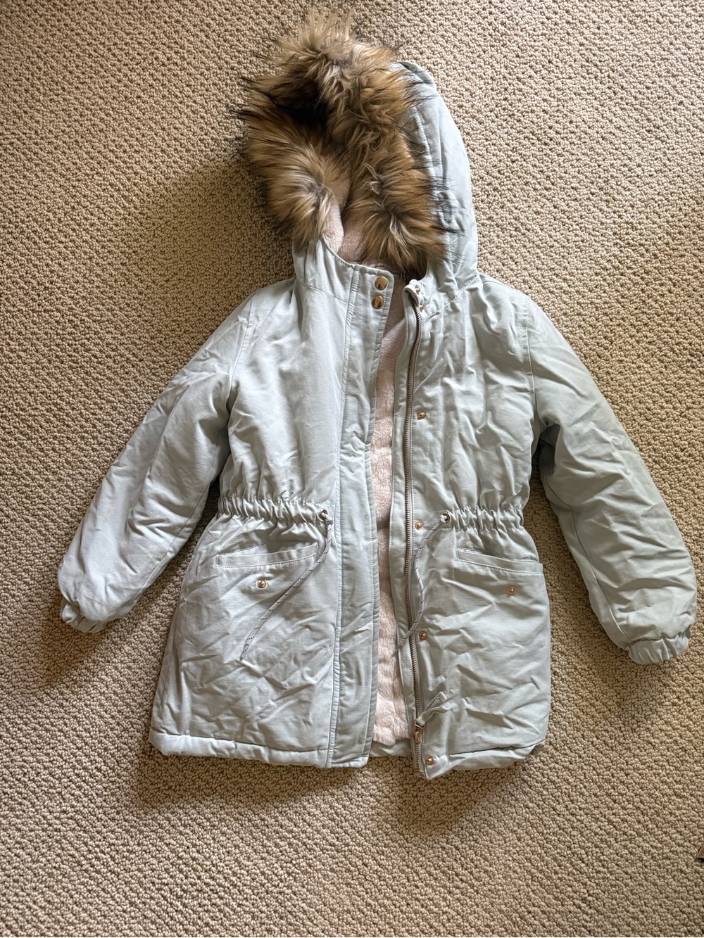 Girls Pale Green Hooded Winter Parka Coat with Faux Fur Trim